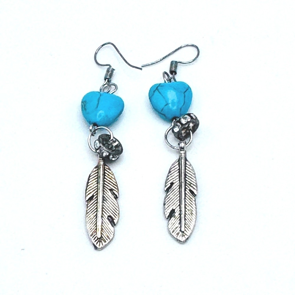 Silver Tone Turquoise Heart Feather Dangle Earrings Boho‎ Western Style Vintage